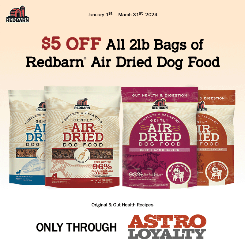 $ 5 off all 2lb bags of redbarn air dried dog food