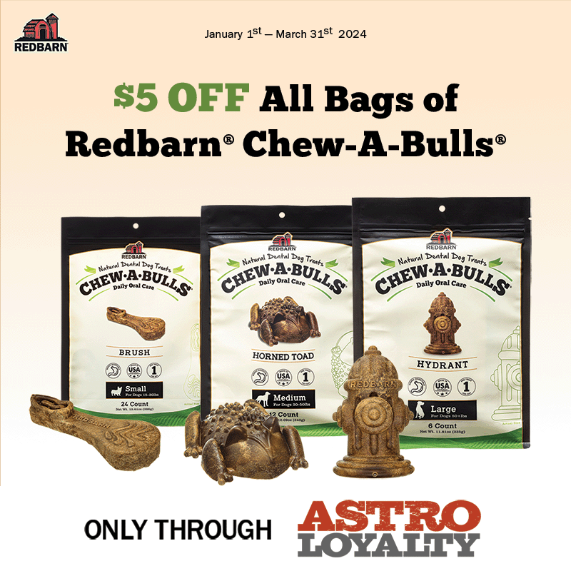 $ 5 off all bags of redbarn chew-a-bulls only through astro loyalty