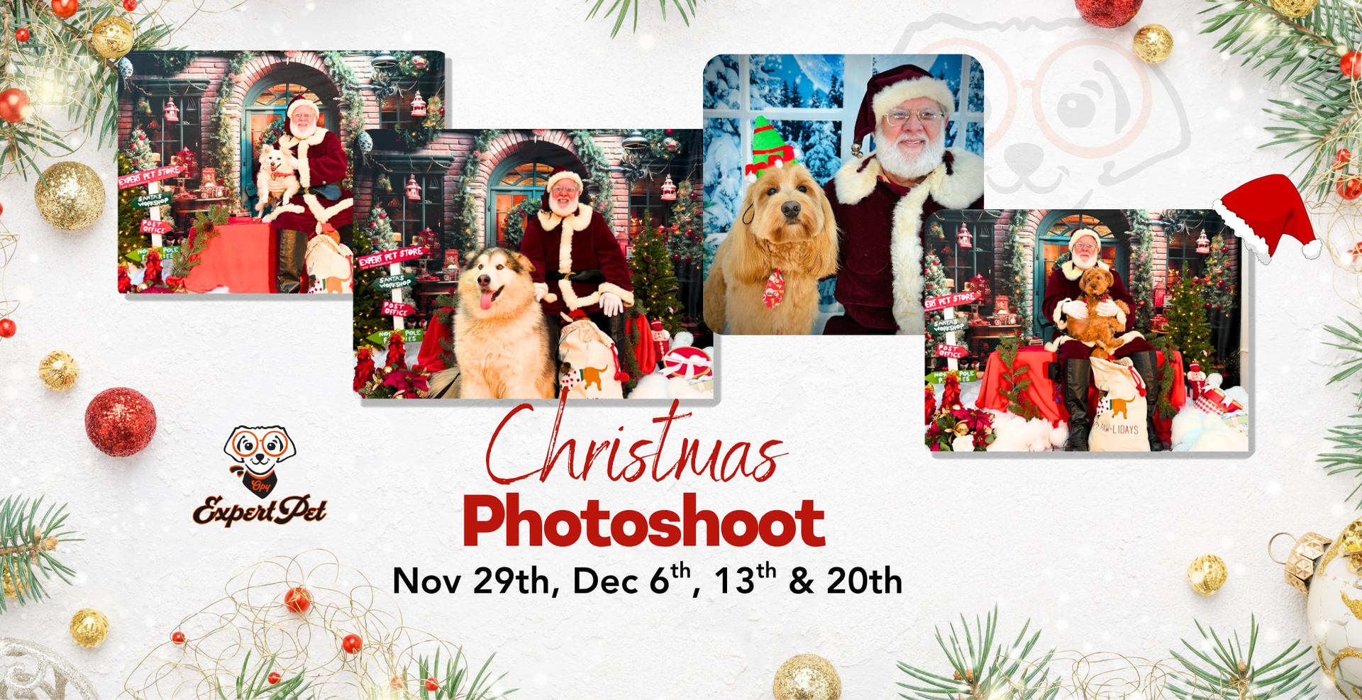 Christmas photoshoot advertisement with Santa and dogs. Dates: Nov 29, Dec 6, 13, and 20.
