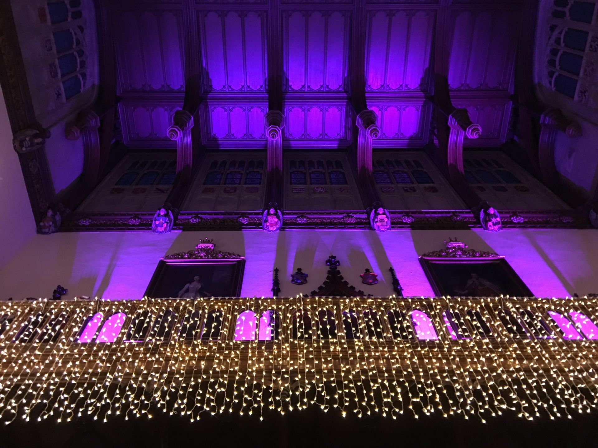 Custom made fairy lights and pink up lights with AV,Sound and Event Production at Allerton Castle. Decor and Lights from Exclusive Entertainments, Harrogate, Yorkshire