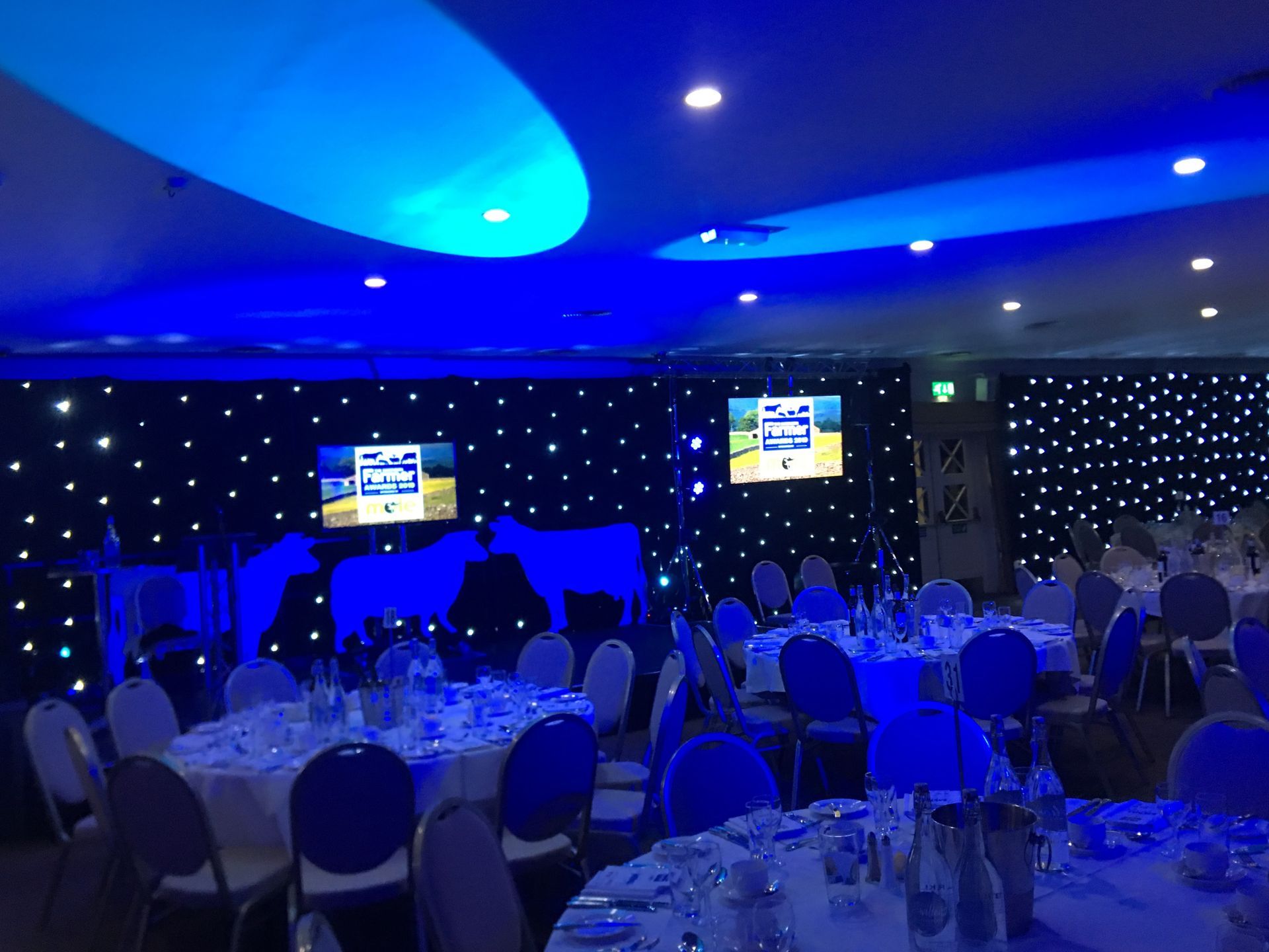 Fairy Lights and Blue Lighting for this event. Projection screens and live cameras, this event camera hire was supplied by Exclusive Entertainments Yorkshire