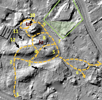 Geannoteerde luchtfoto van het terrein met genummerde stippellijnen en gemarkeerde groene en oranje gebieden.