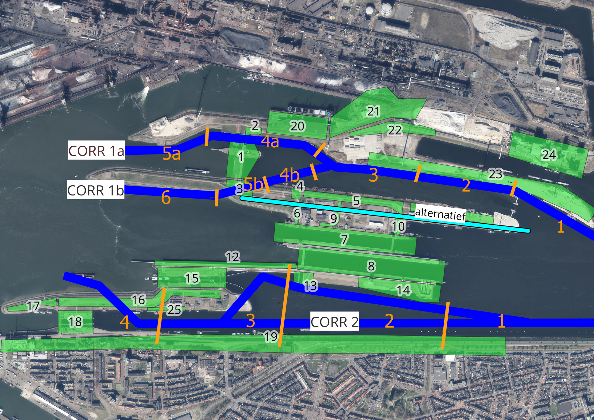 Satellietkaart sluizencomplex IJmuiden met de verschillende lichtgroepen (groen) en donkere corridors 1 en 2 (blauw) 