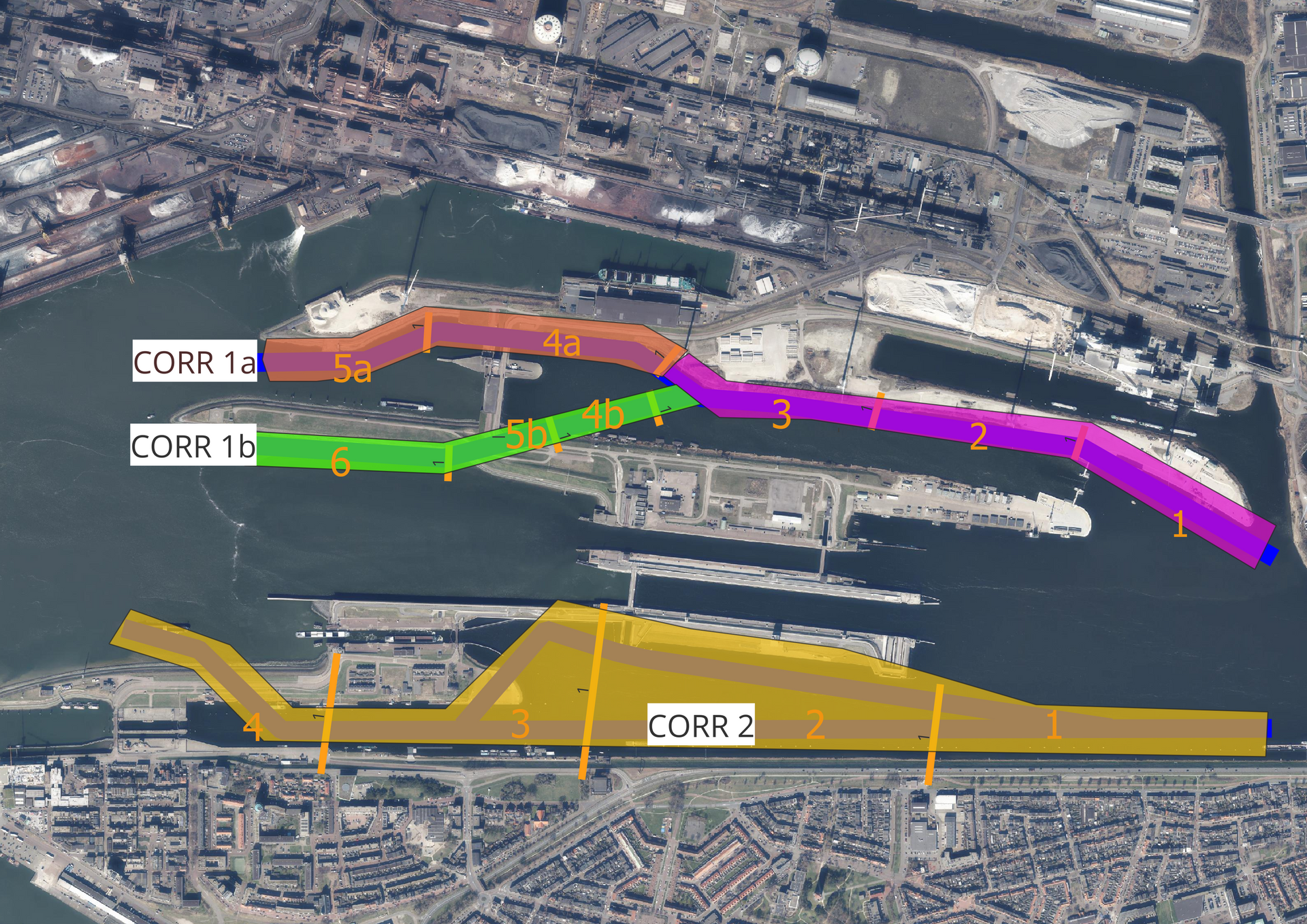 Satellietkaart sluizencomplex IJmuiden met de donkere corridors 1 en 2, onderverdeeld in verschillende trajecten waarvoor verschillende lichtaanpassingen gelden.