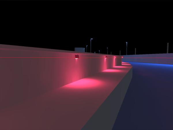 Een bocht op de snelweg 's nachts met een roze verlichte betonnen vangrail en blauwe wegmarkeringen.
