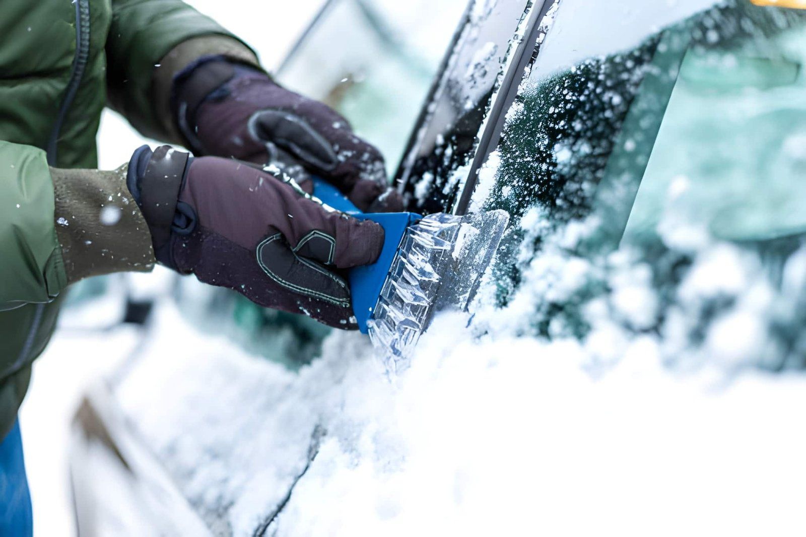 Gloved hands scraping snow and ice off a car windshield with a blue scraper