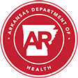 The logo for the arkansas department of health is red and white.