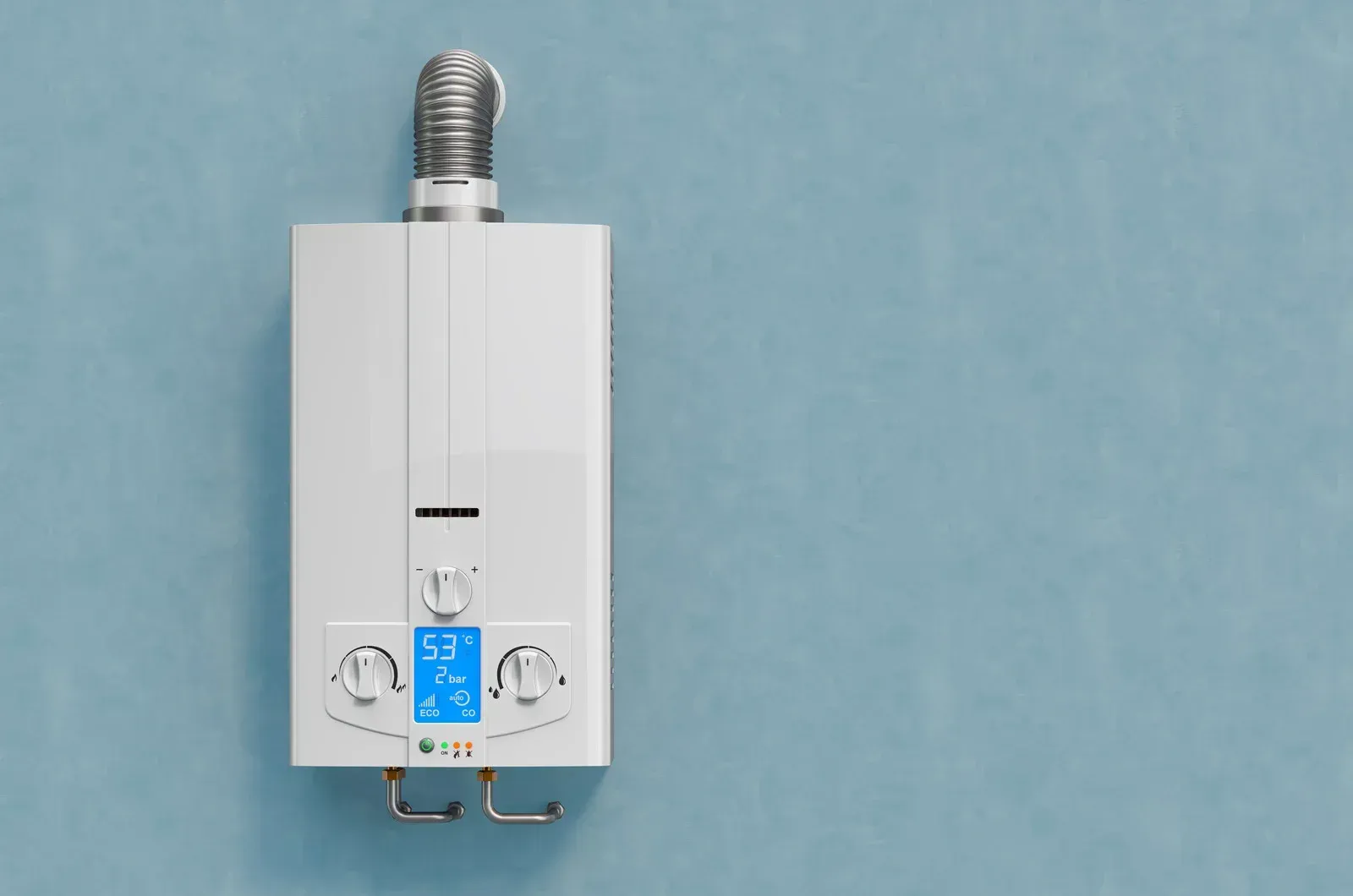 White tankless water heater mounted on a blue wall with a digital display and vent pipe.
