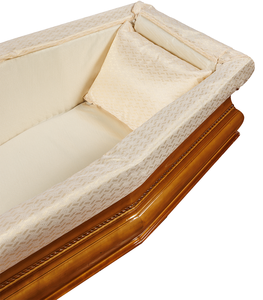 Bara di legno aperta, vuota e lucidata, con fodera interna color crema e cuscino.