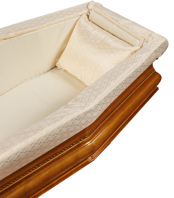 Bara di legno aperta, vuota e lucidata, con fodera interna color crema e cuscino.