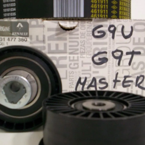 Dos poleas automotrices negras frente a una caja de repuestos etiquetada como “G9U G97 MASTER”.