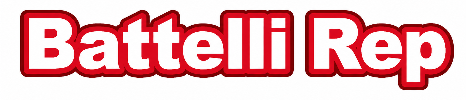 Logotipo de Battelli Rep en rojo y blanco con contorno negro sobre fondo claro.