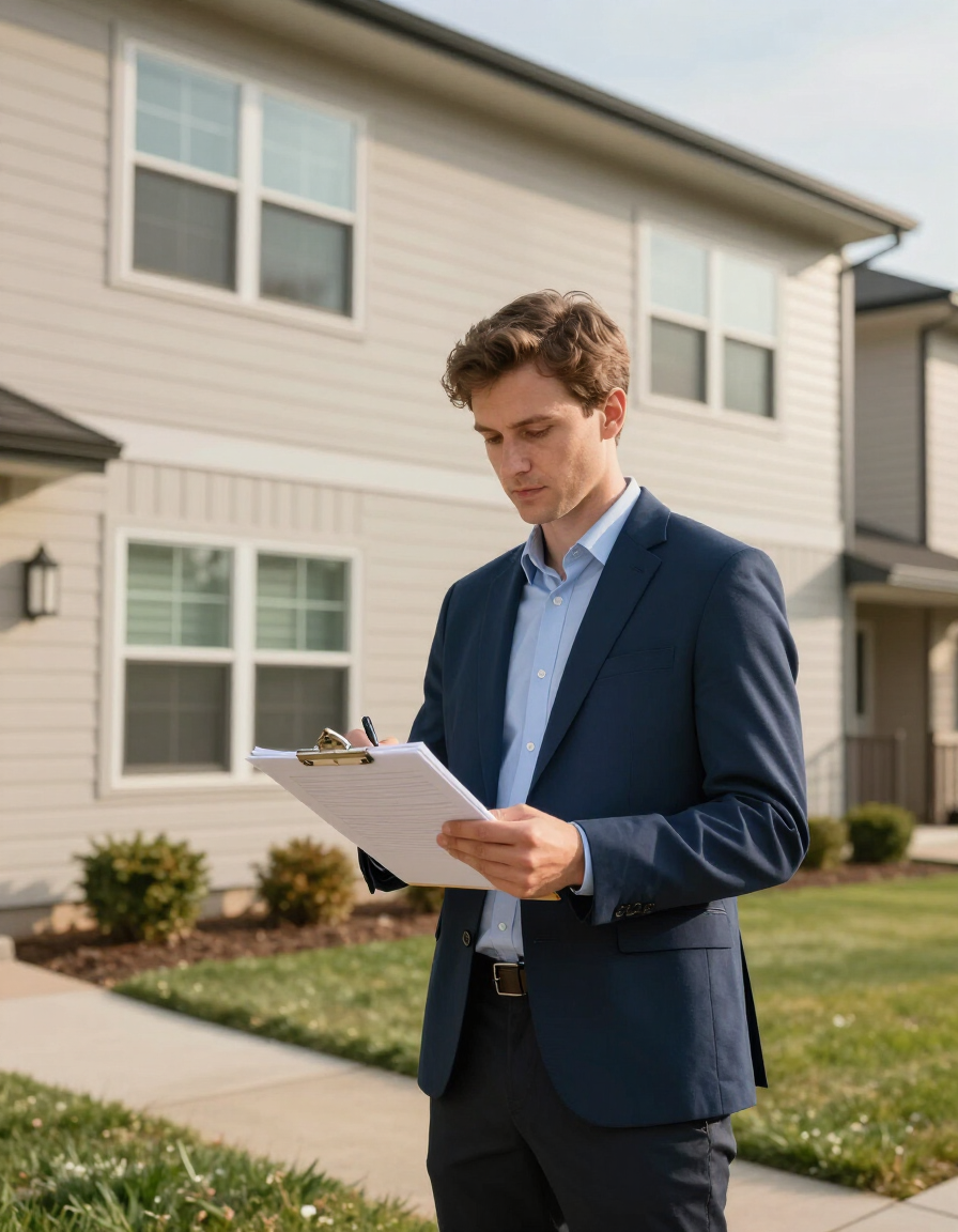 Property manager reviewing a clipboard outside a multifamily building