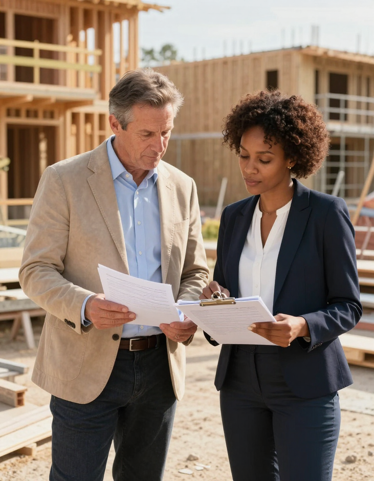 Owner and property manager reviewing documents