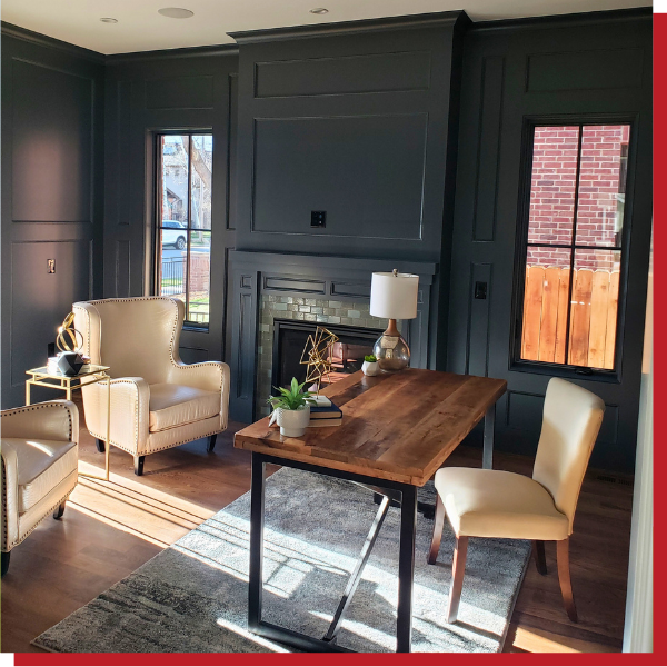 painted interior with black fireplace