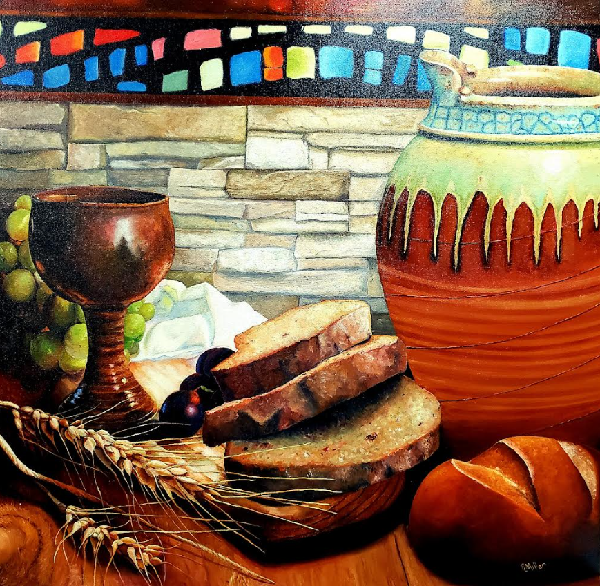 Still life painting: bread, grapes, wine cup, jug, and wheat on wooden table, stone wall background.