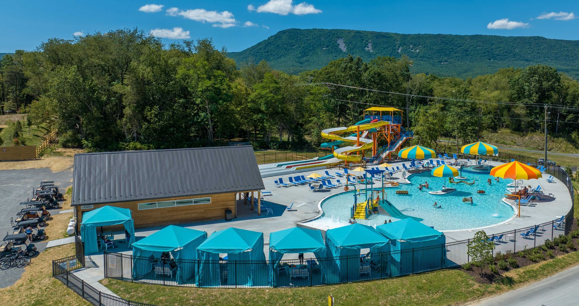 A bird's-eye view of Luray RV Resort's resort-style waterpark, nestled in the heart of the Shenandoah Valley