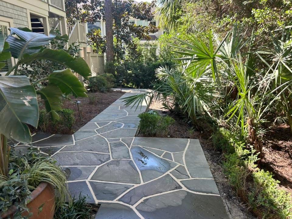 Stone walkway through lush, green garden with tropical plants.