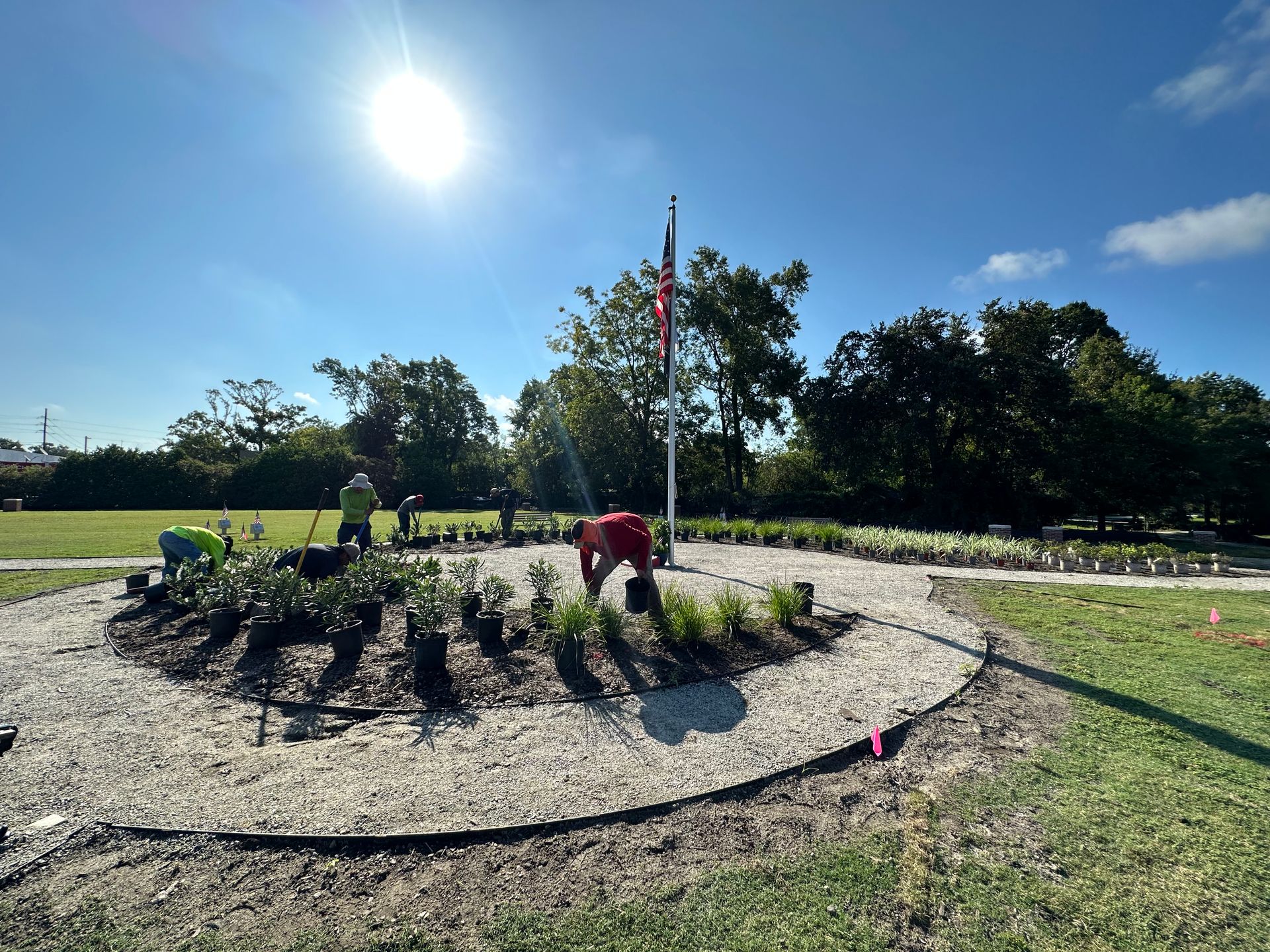 People planting flowers around a flagpole in a park on a sunny day.