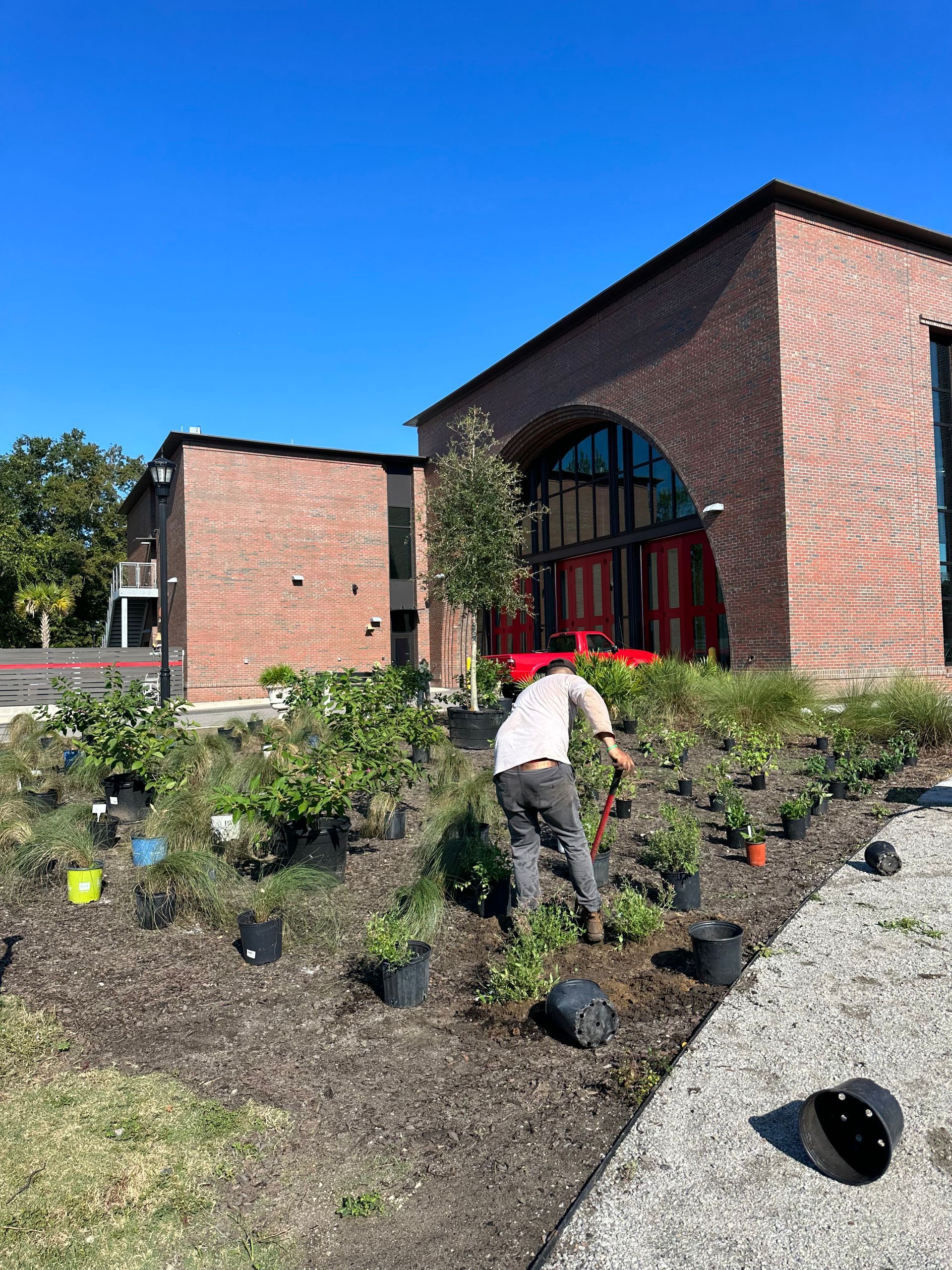 Person planting flowers in a garden bed in front of a brick building on a sunny day.