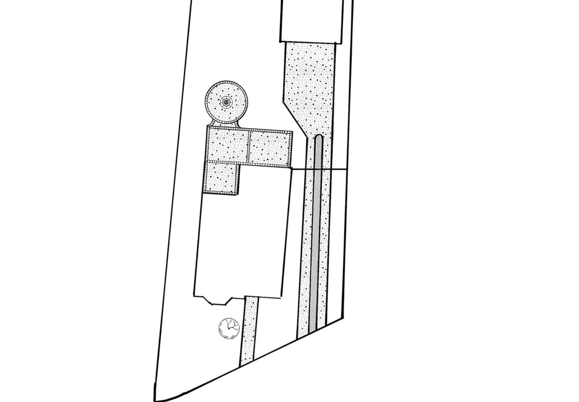 Drawing of a figure with arm extended, interacting with a tall object on the right within a bordered space.