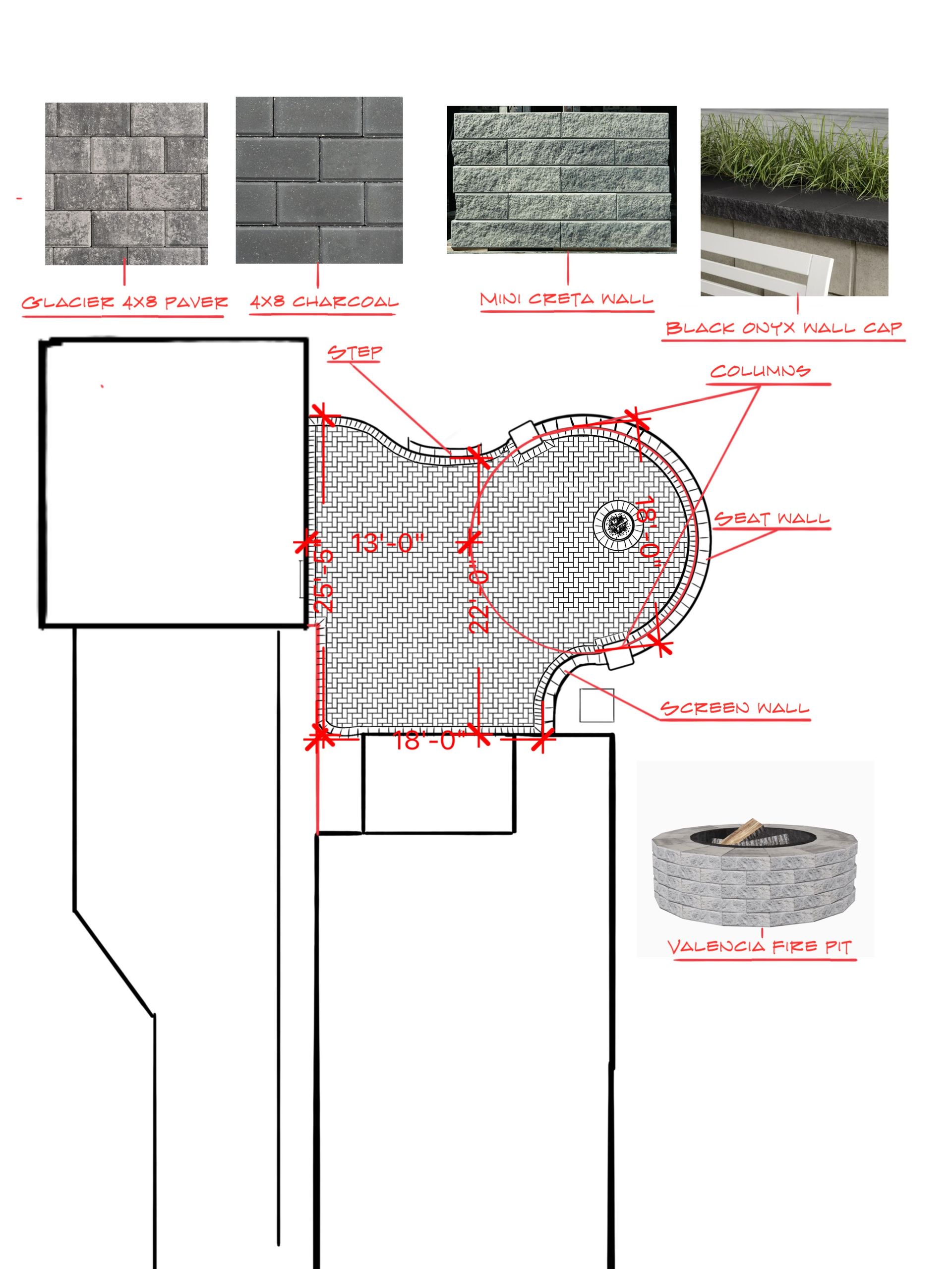 Diagram of a patio design with paving stone samples, measurements, and a fire pit.