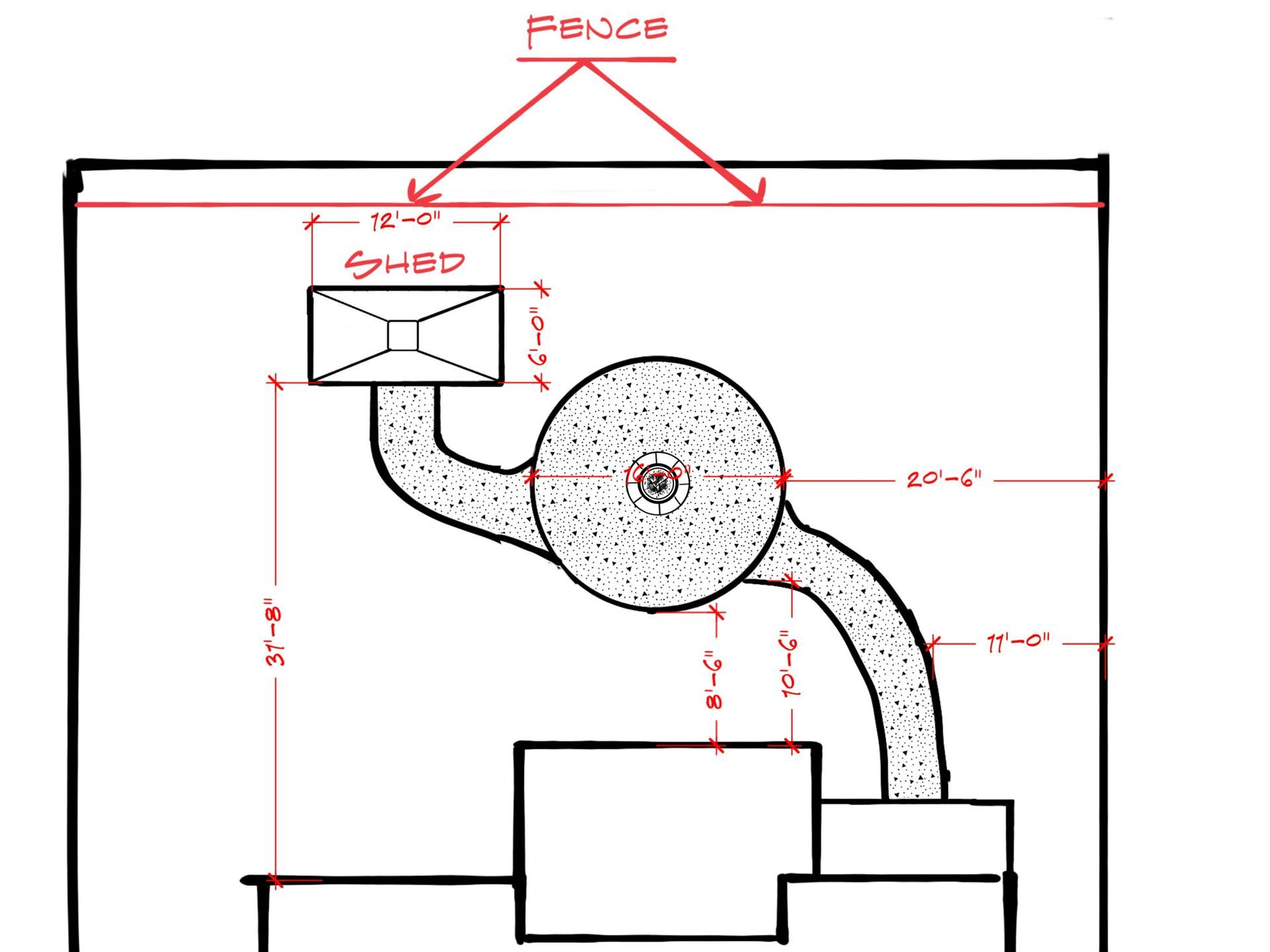 Diagram of a fenced area with a shed and a curved path leading to a central circular feature. Dimensions are noted.