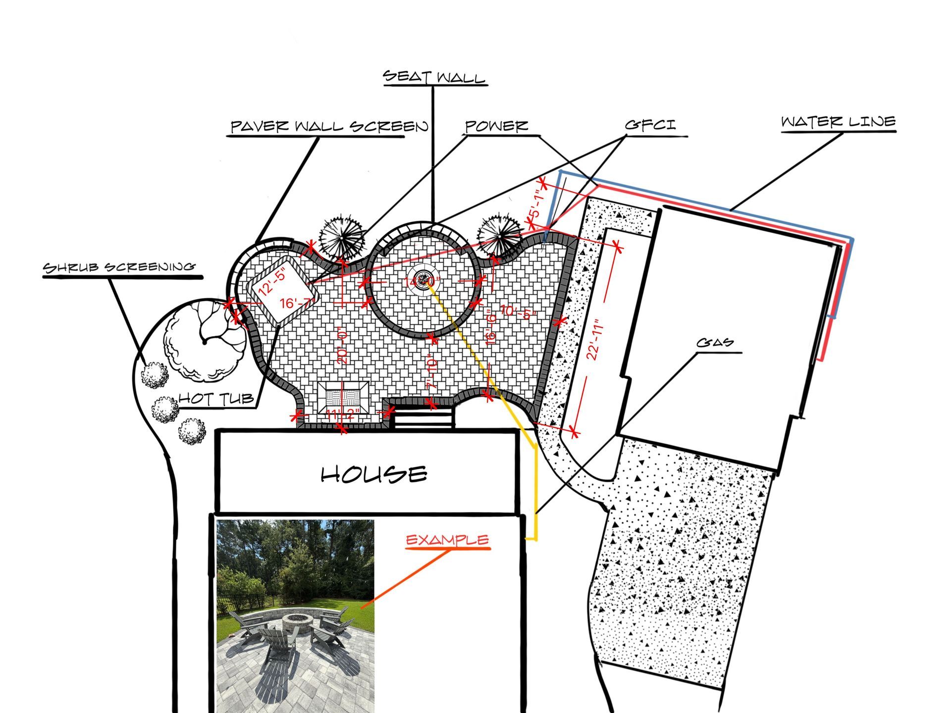 A landscape design plan with a house, patio, and garden features, including a seating area with a grilling station.