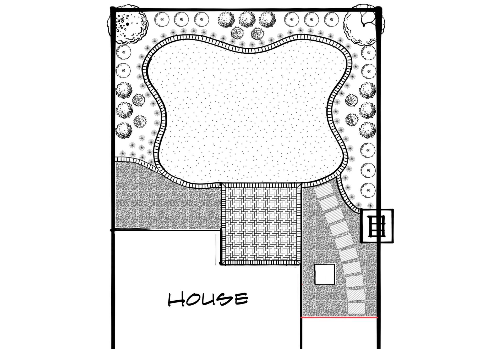 Garden layout with a house, patio, path, and pool.