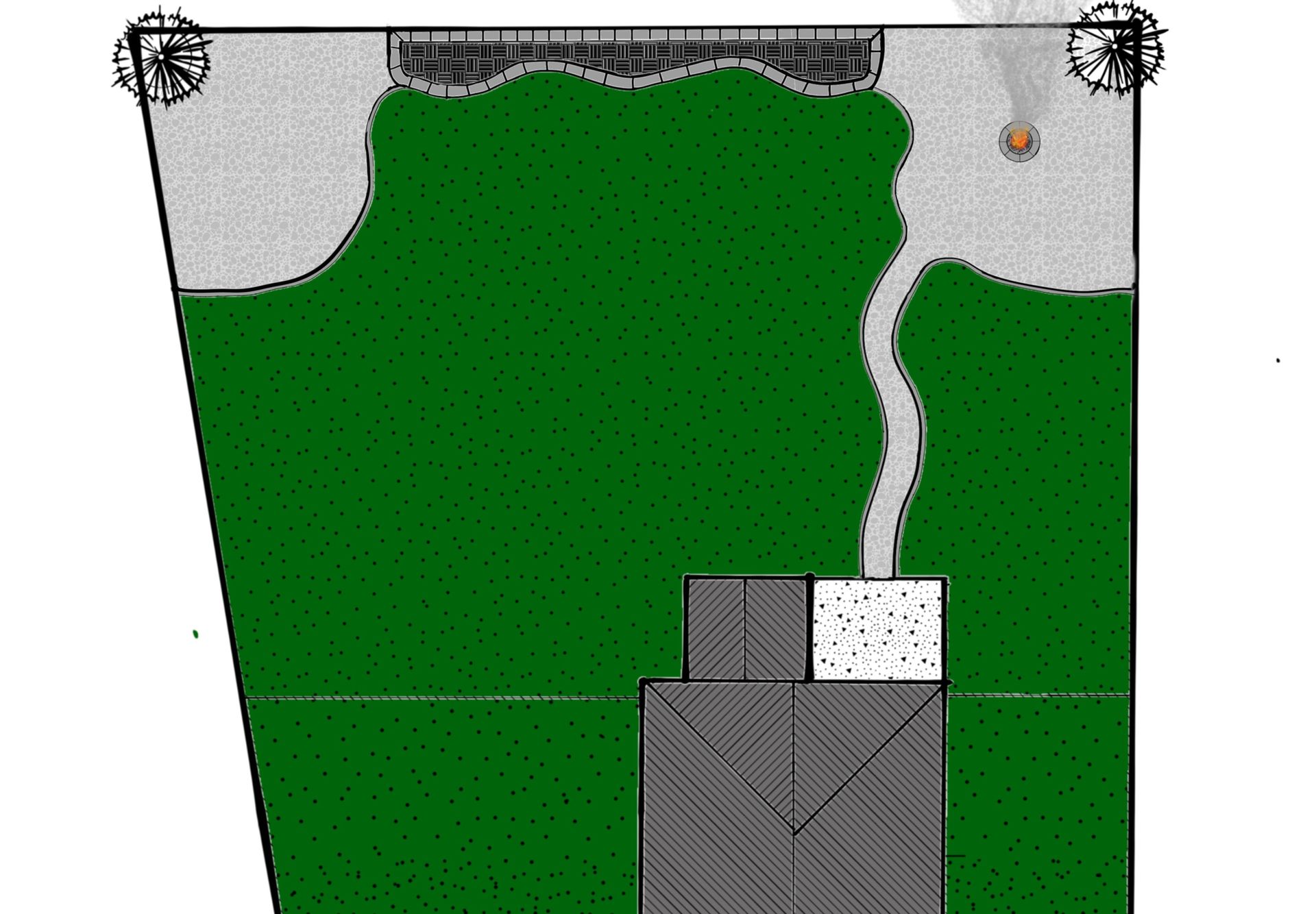 Overhead view of a backyard design with a green lawn, stone walkways, fire pit, and a house with a gray deck.