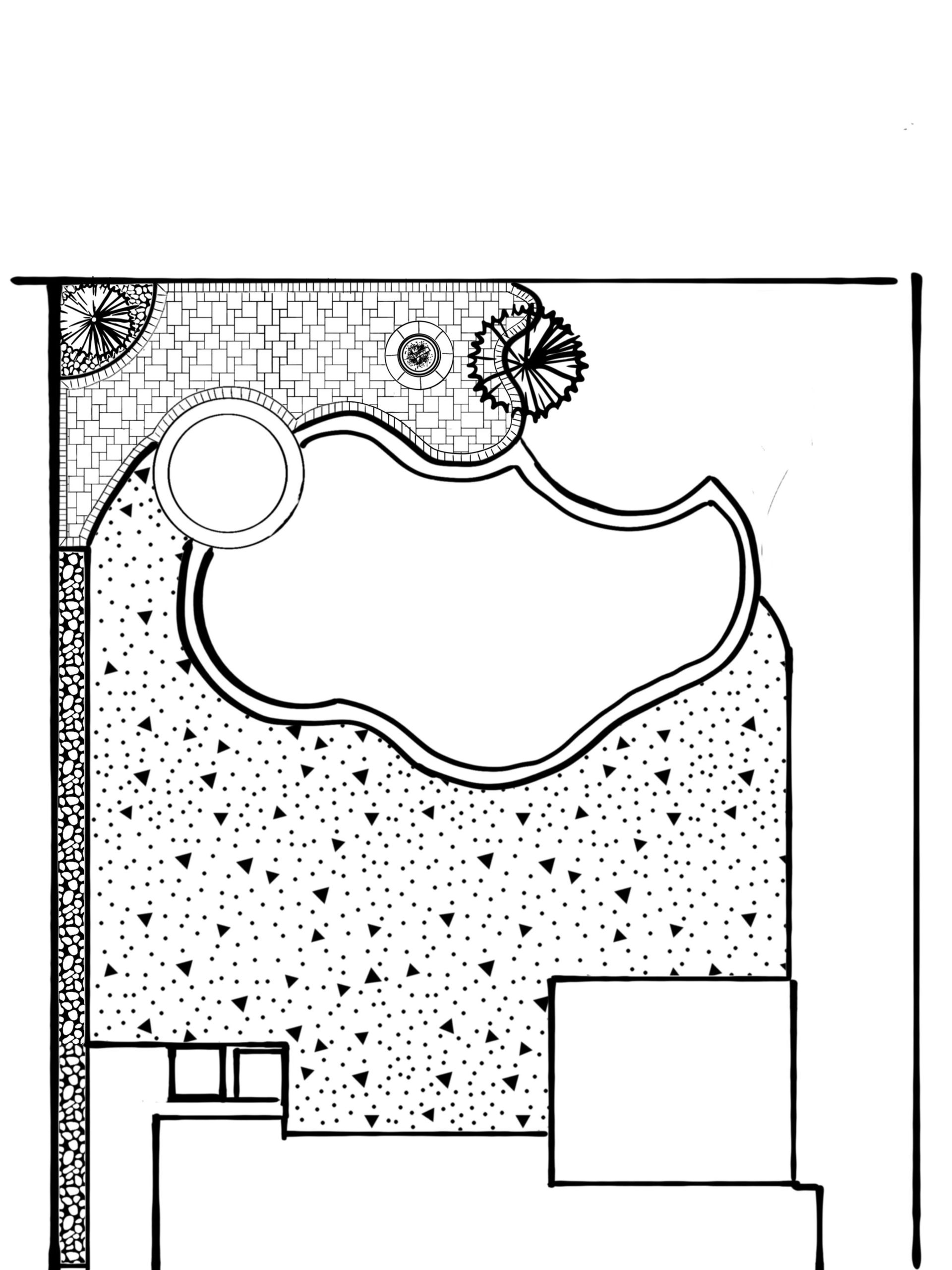 Top-down view of a backyard with a pool, patio, plants, and a house outline.