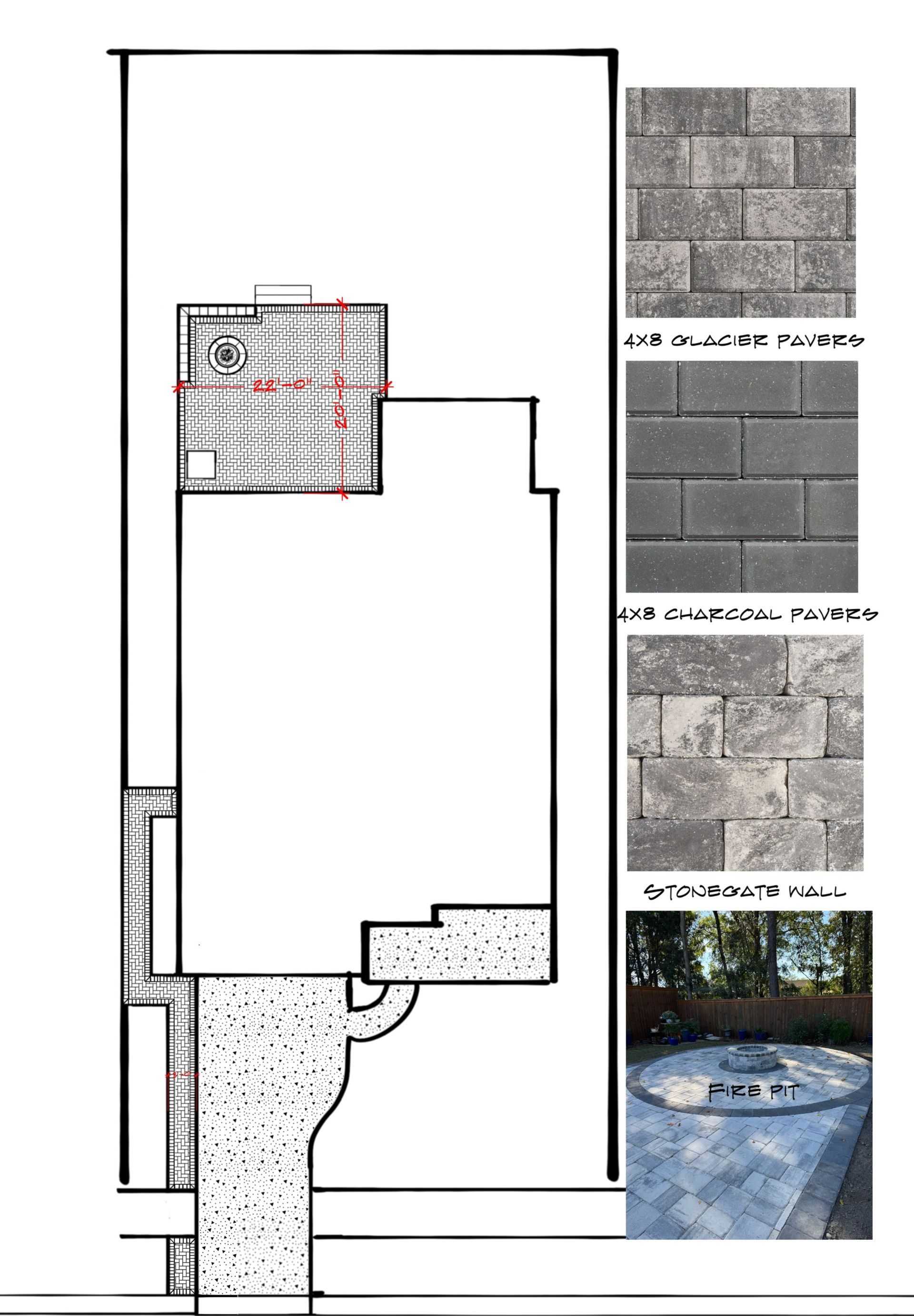 Blueprint of a yard, showcasing paving, walls, and material samples.