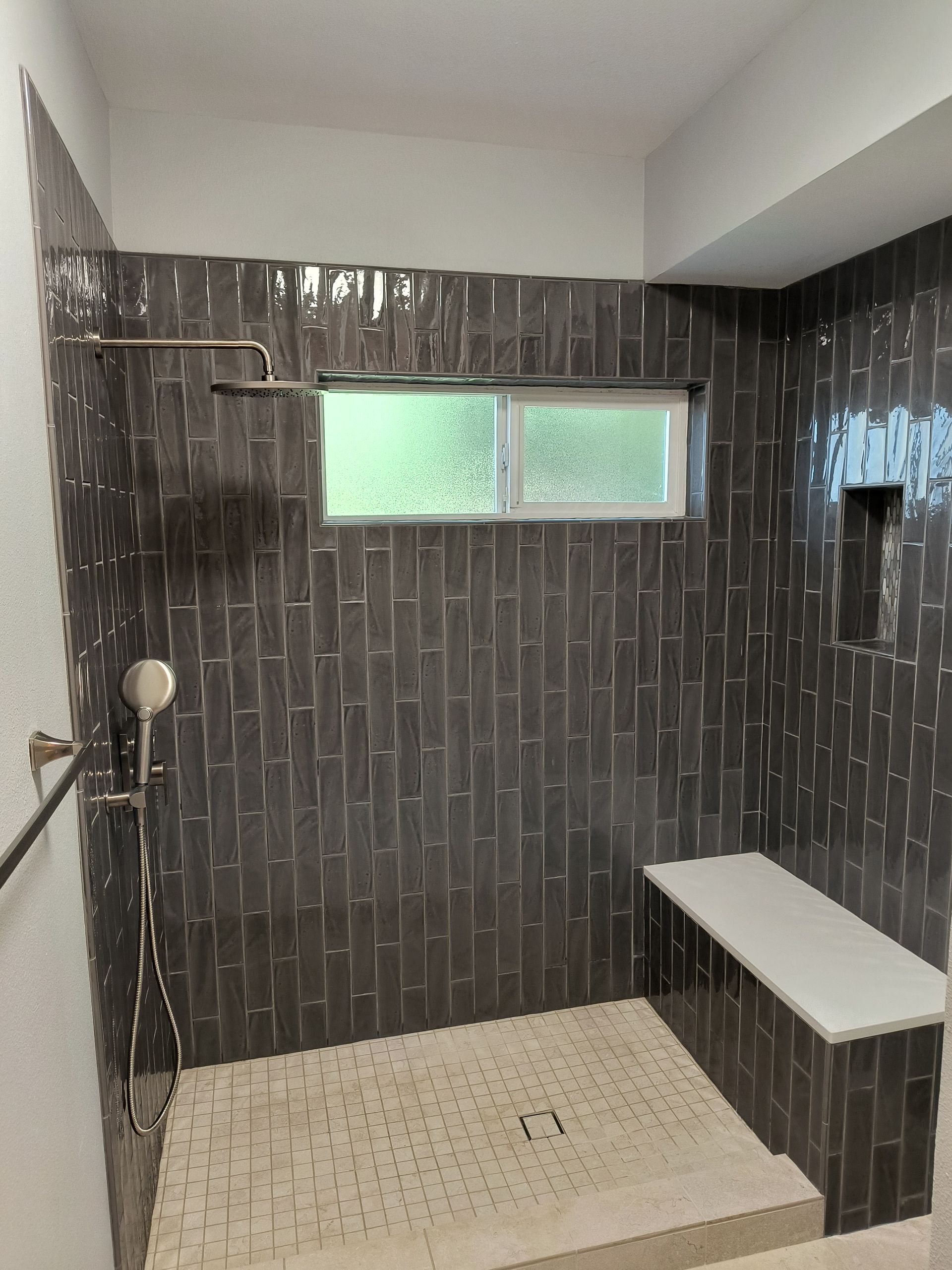 Modern bathroom remodel with custom tile shower in Bellingham, WA.