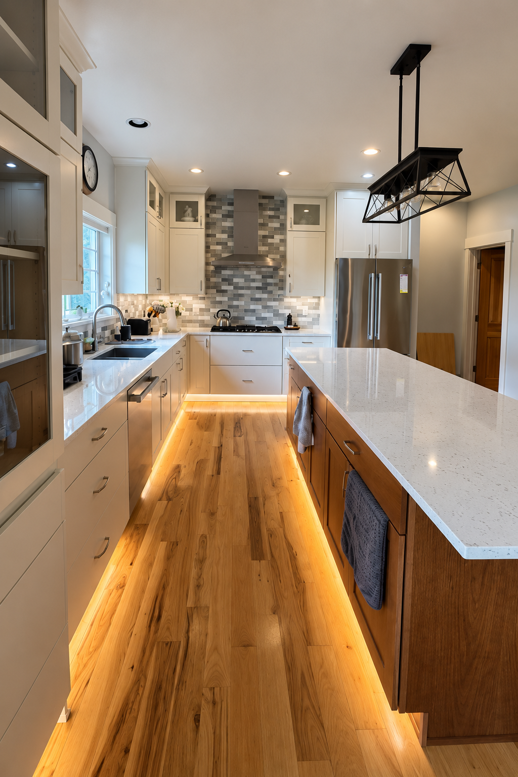 Custom kitchen remodel in Bellingham, WA featuring dark wood cabinetry, quartz countertops, and a large picture window.
