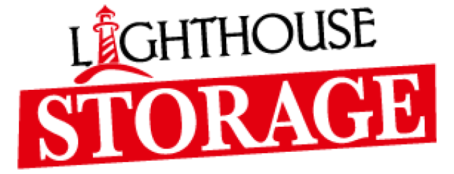 Lighthouse Storage logo with red lighthouse and bold red STORAGE text on white background