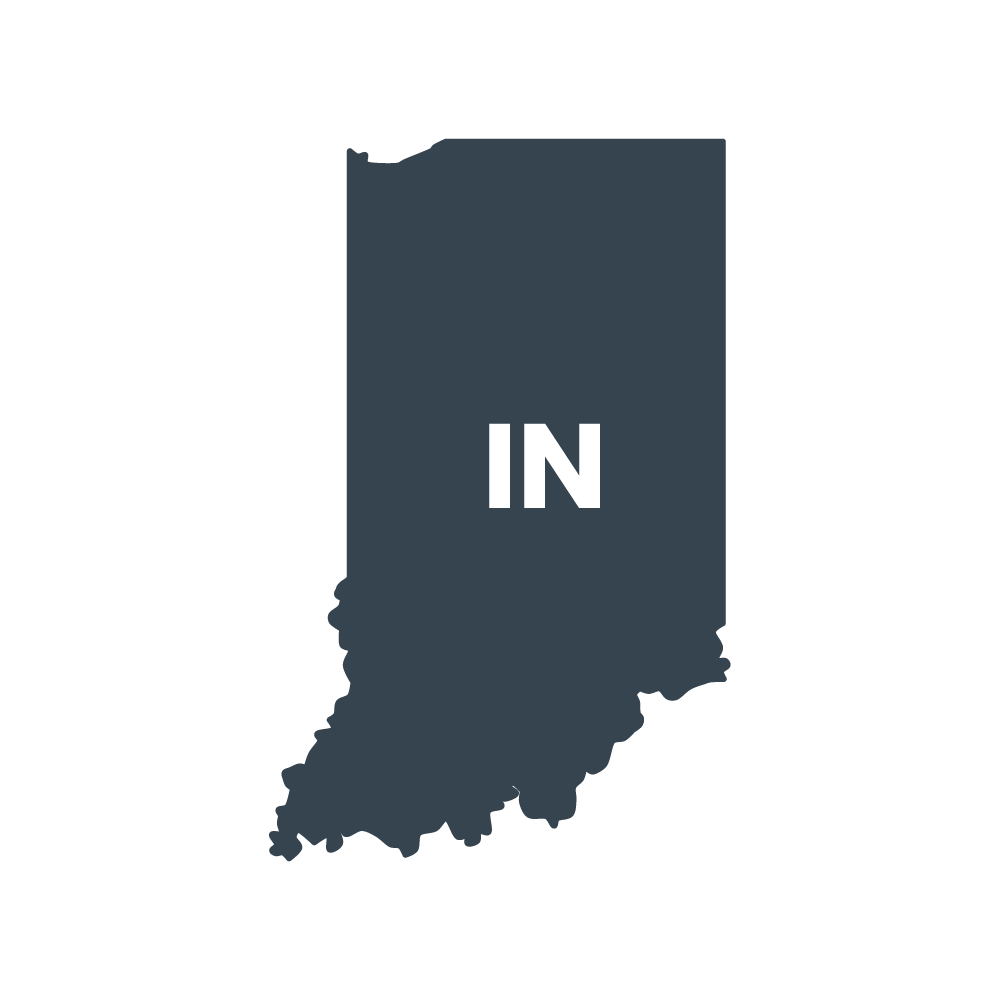 Dark silhouette of the state of Indiana with “IN” in white text