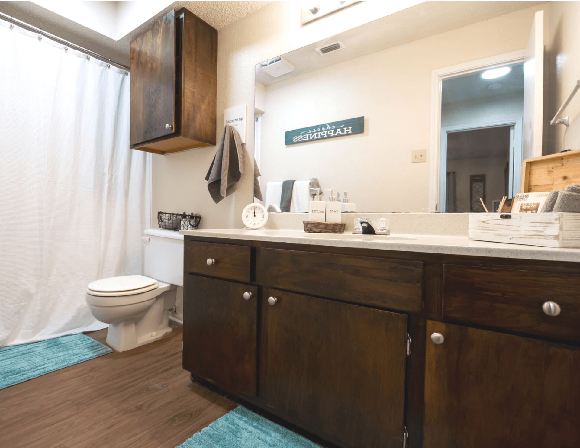 Interior of bathroom with wooden cabinetry