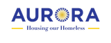 Logo for Aurora, "Housing our Homeless," featuring blue text and a central sun icon with yellow accents.