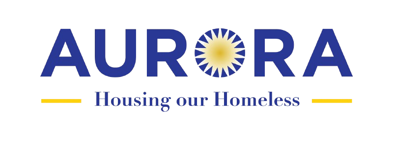 Logo for Aurora, "Housing our Homeless," featuring blue text and a central sun icon with yellow accents.