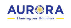 Logo for Aurora, "Housing our Homeless," featuring blue text and a central sun icon with yellow accents.