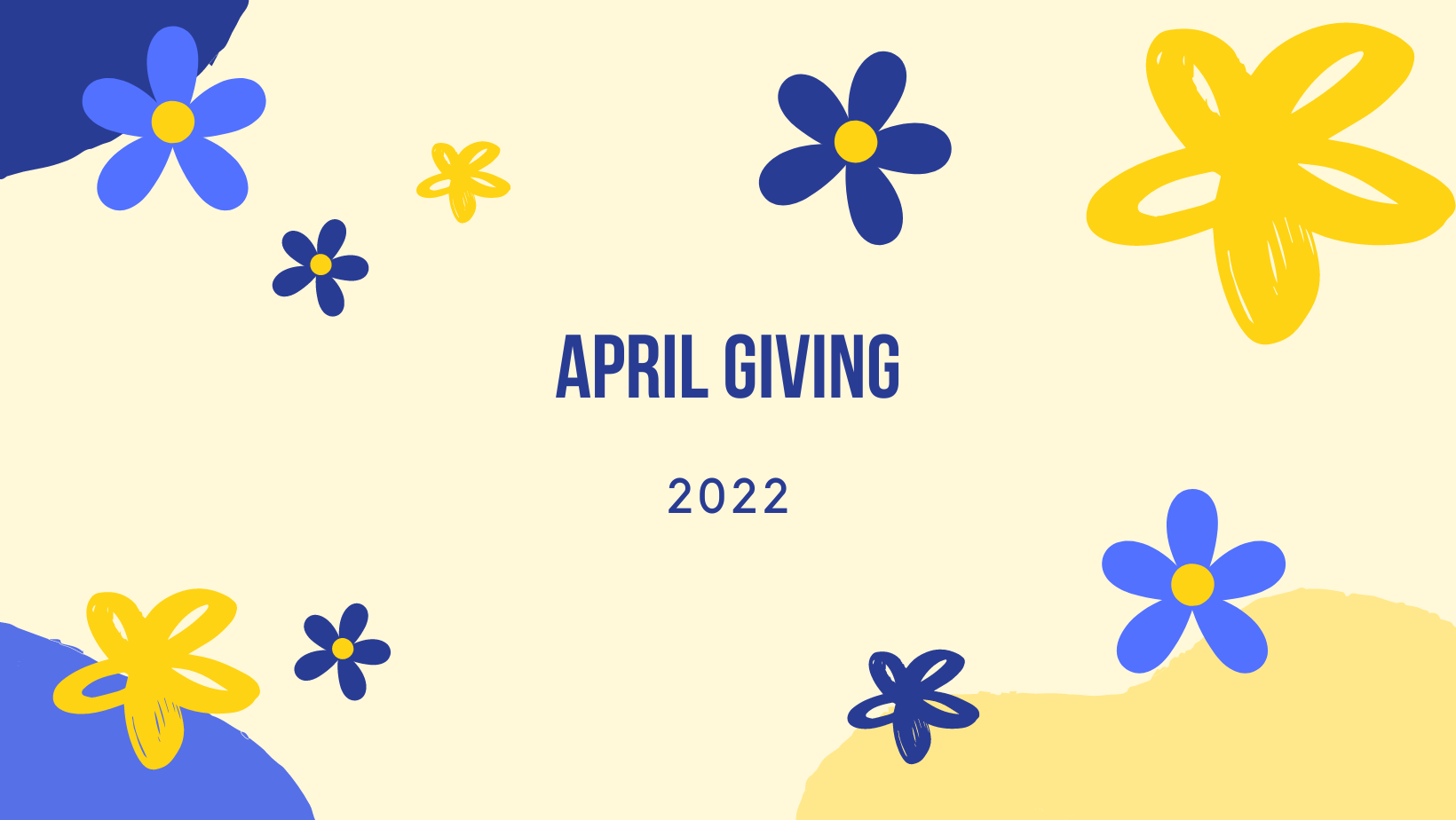 A light yellow background features blue and yellow flowers, with the text 