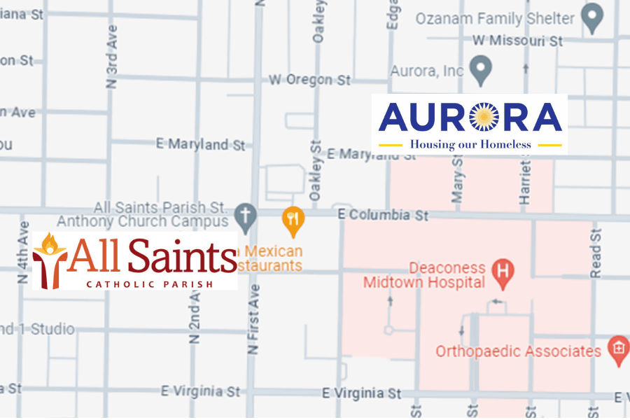 A map highlighting All Saints Catholic Parish, Deaconess Midtown Hospital, and Aurora, Inc. in an urban area.