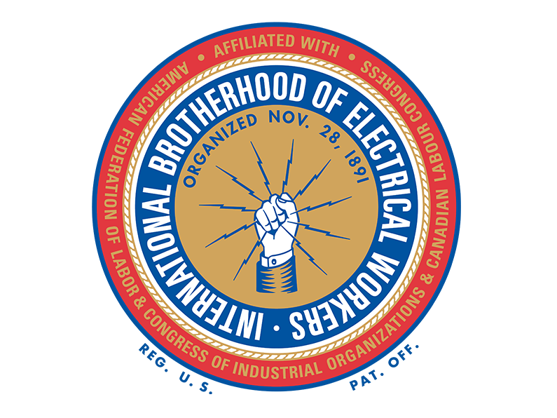 The IBEW union logo featuring a fist grasping lightning bolts, surrounded by text on a blue and tan circular background.