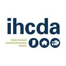 Logo for the Indiana Housing & Community Development Authority (IHCDA) with three blue circular icons featuring a map, house.