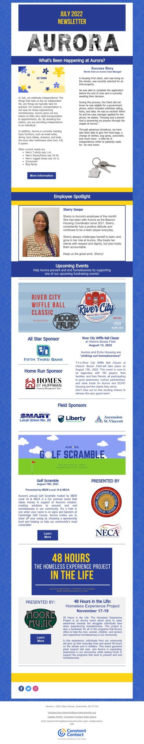 Newsletter for Aurora featuring updates on community events, featured highlights, and upcoming dates in a blue-themed layout.