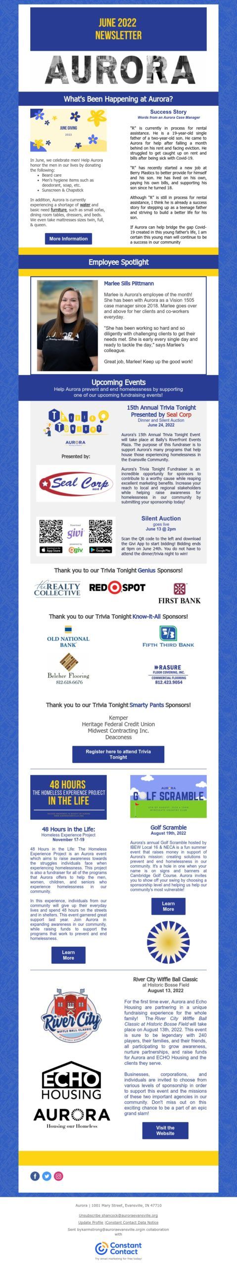 A long, narrow vertical newsletter for Aurora, featuring a logo, announcement, staff photo, and lists of school events.