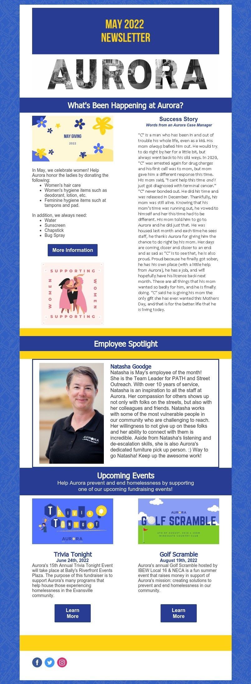 Newsletter for Aurora school with updates, staff highlights, and links to upcoming events and information.