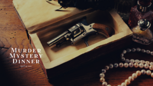 A revolver in a wooden box, a string of pearls, and text that reads
