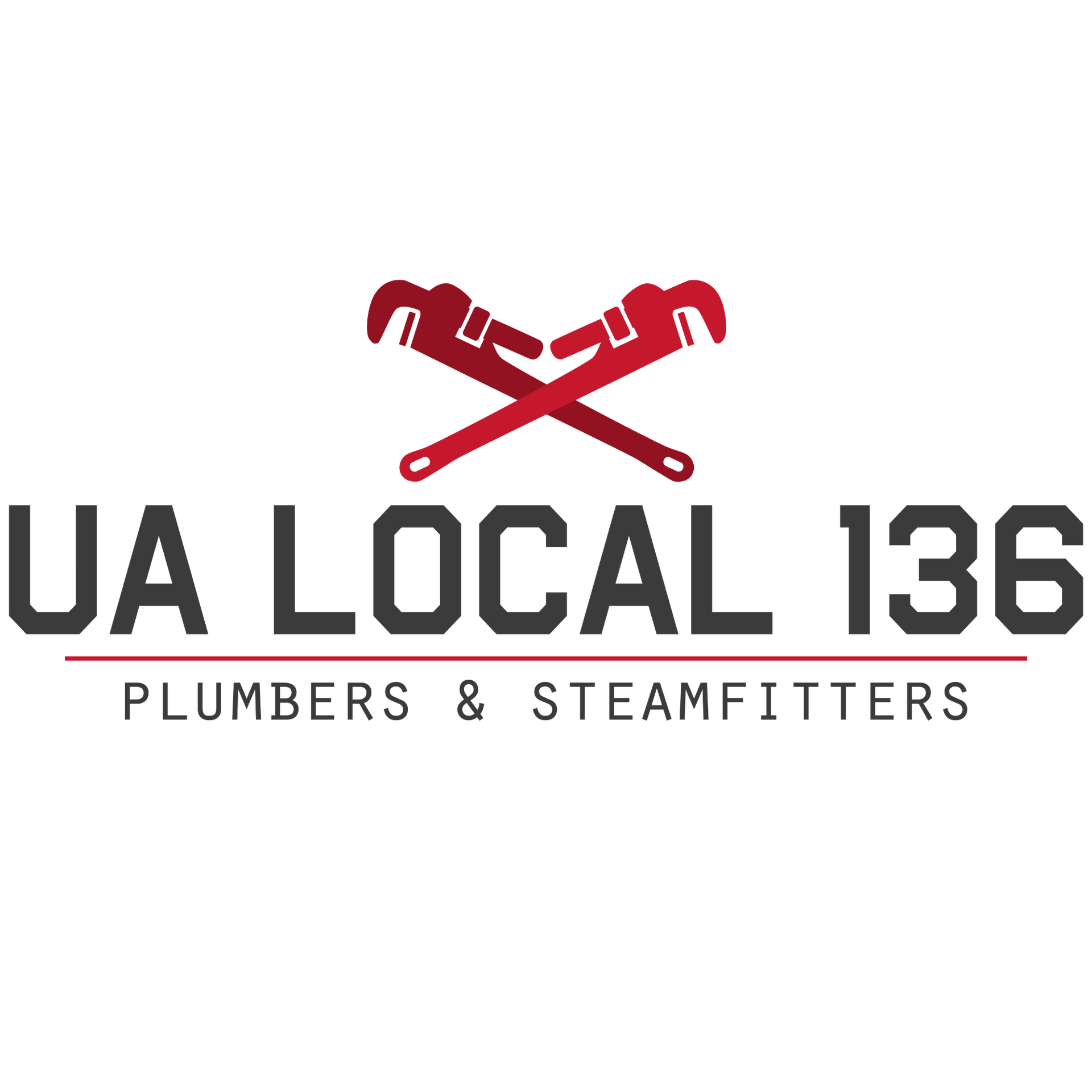 Logo for UA Local 136 Plumbers & Steamfitters with crossed red wrenches above the text in black and red.