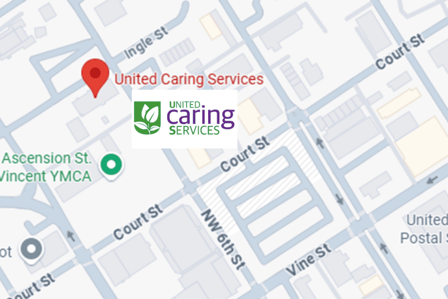 Map showing the location of United Caring Services near Ingle St and Court St, with the organization's logo visible.